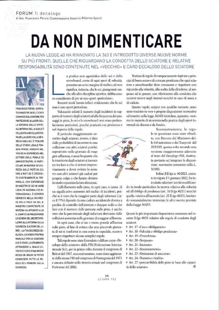 Regole di condotta dello sciatore:  dal Decalogo dello sciatore al Decreto Legislativo  40/2021